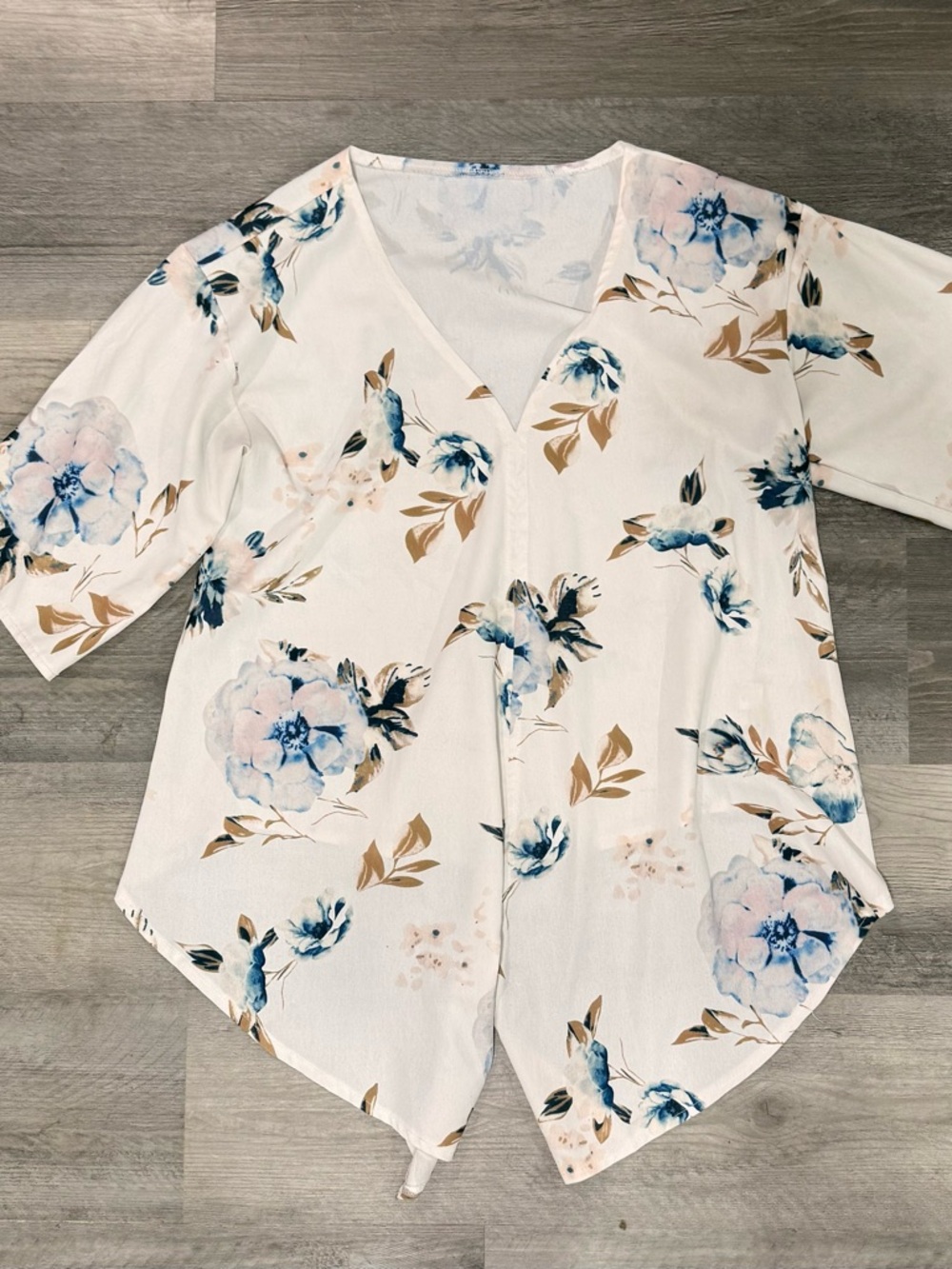 Floral V-Neck Peplum Top in White with Blue Bloom Print